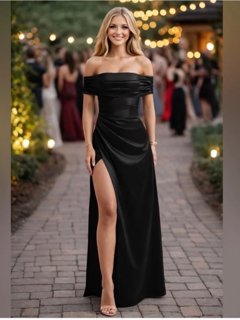 NWT OYS VIRAL Off Shoulder Satin High Slit Evening Gown